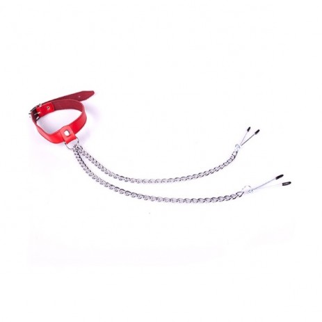 Rode Halsband met tepelklemmen - Kiotos Leather