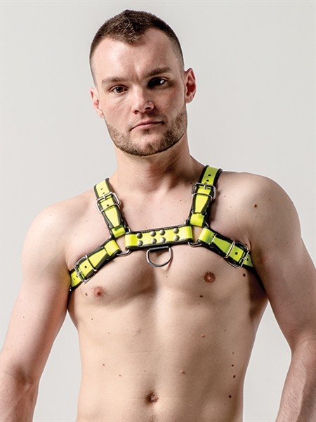 Mister B Leather Chest Harnas Premium Neon Geel Zwart