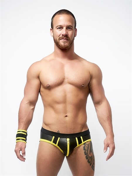 Mister B Neoprene Jock Slip Zwart Geel Voorkant