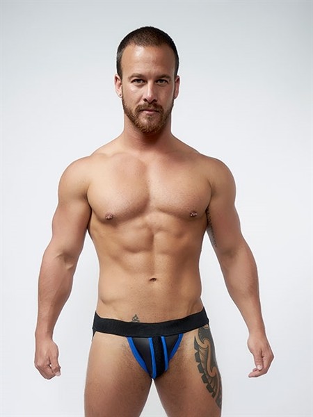 Mister B Neoprene Jockstrap Zwart Blauw Voorkant