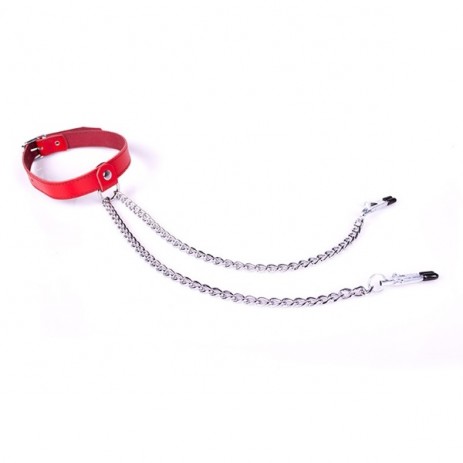 Rode Halsband met Tepelklemmen - Kiotos Leather