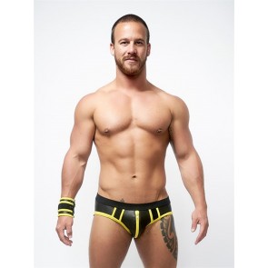 Mister B Neoprene Jock Slip Zwart Geel Voorkant